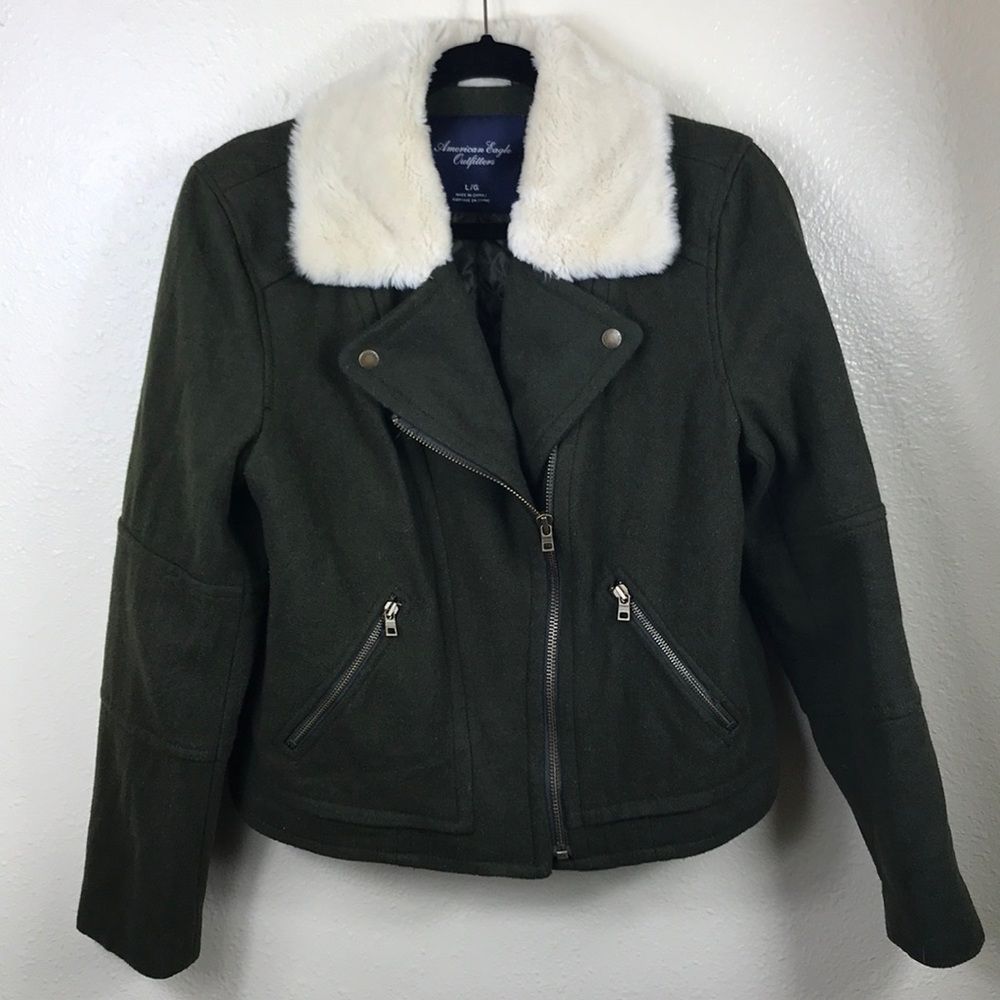Vintage American Eagle Wool Faux Fur Trim Moto Jacket Coat